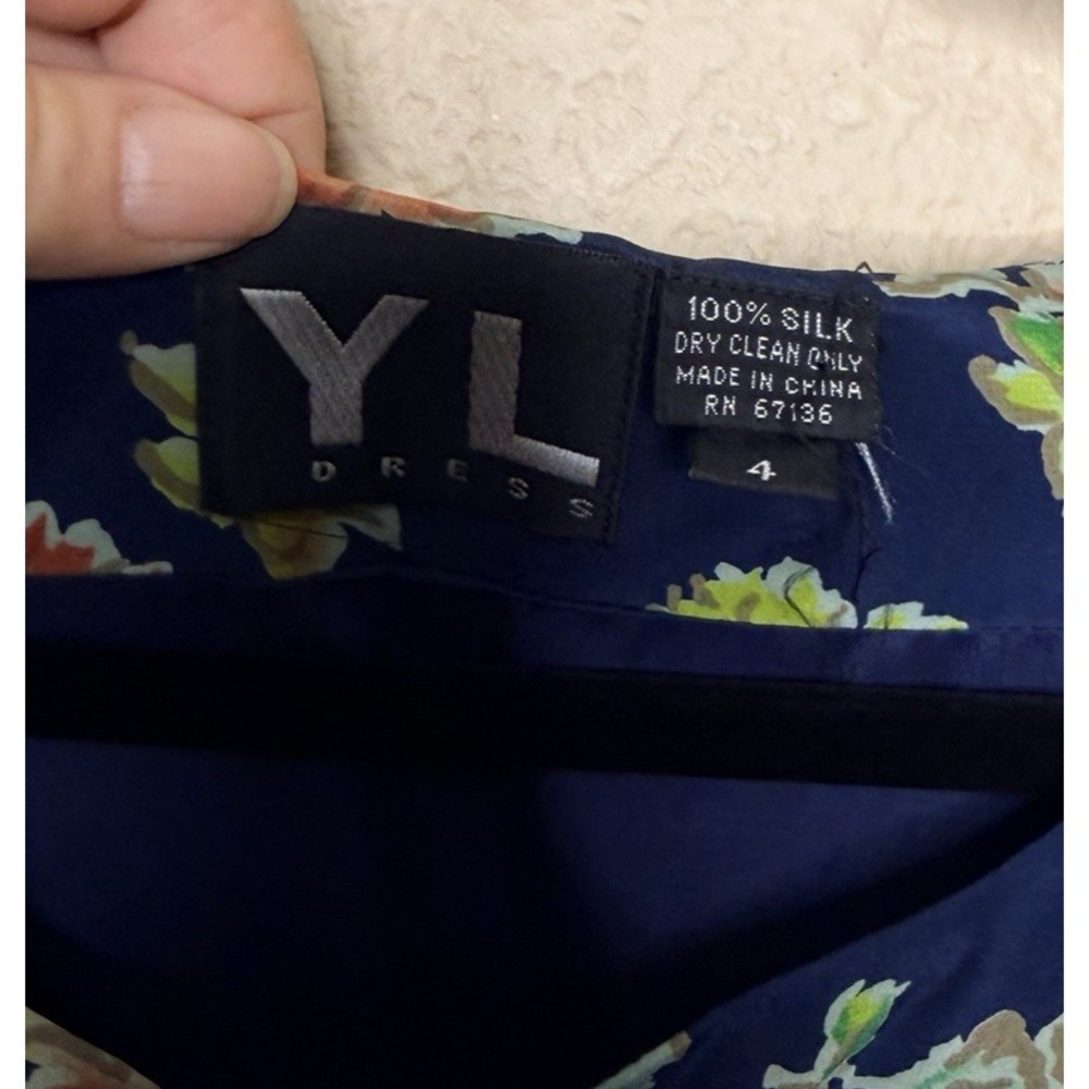 YL Dress Womens Navy Blue Floral 100% Silk Button Front Long Sleeve Mini Dress 4 - Picture 5 of 7